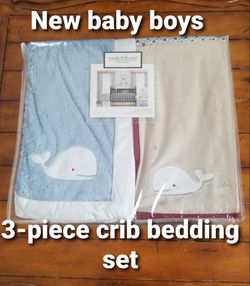 New baby boys room decor designer Wendy Bellissimo bedding 3-piece set snug harbor blanket dust ruffle crib sheet
