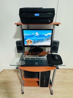 HP Desktop Computer with Monitor, Printer and Desk.