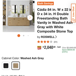 Cádiz 84 in. W x 22 ir D × 34 in. H Double Live Chat Freestanding Bath Vanity in Washed Ash Gray with White Composite Stone Top