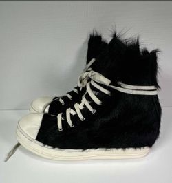 Rick Owens Calf Hair Pony Black & White Leather Mainline Ramones Hi-Top Sneakers Shoes Men’s Size 12 (46) Made in Italy COA