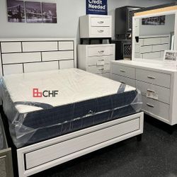 4pc queen bedroom set includes queen bed frame, dresser , mirror and one nightstand ( mattress sold extra / chest not included )