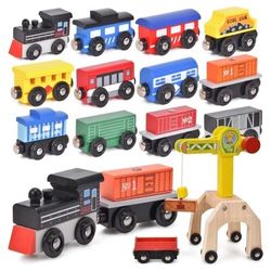 Atoylink Wooden Train Cars Set with Crane Toddlers Magnetic Train Toys Locomotive Engines Train Accessories Crane Toy for Kids Boys Girls Age 3 4 5 6 
