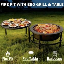Fire Pits for Outside Wood Burning, Large Outdoor Fire Pit Stove with Roating Table and BBQ Grill, Cold Finished Steel Round Firepit Bowl with Poker, 