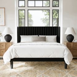 Clearance Full Size Velvet Upholstered Platform Bed with Wingback Headboard and Wooden Slats