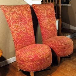 Vintage Pair of Art Deco High Back Paisley Style Pop Art Slipper Chairs, See Full Details 