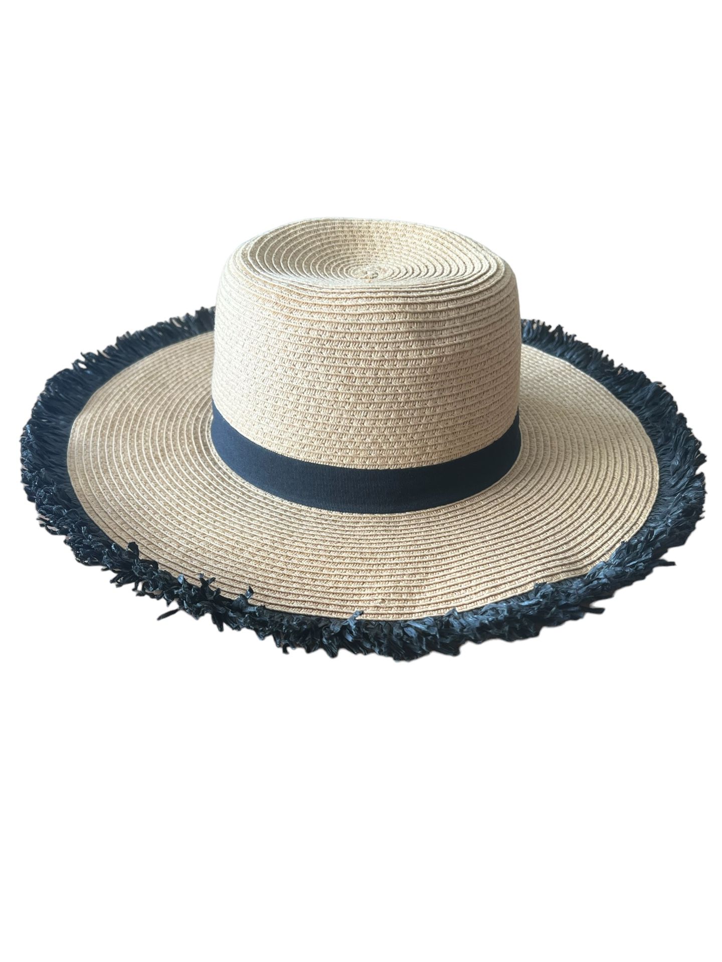 Sun-flower Black and Beige Floppy Straw Hat *Black fringe throughout the rim.  This beautiful straw hat is perfect for any occasion. The black and bei