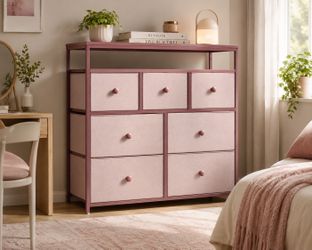 Brand new Dresser for Bedroom with 7 Drawers and 2 Shelves Dressers & Chests of Drawers TV Stand for Living Room, Metal Frame, Pink