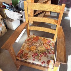 Vintage Oak Ladder-Back Rocking Chair with Floral Upholstered Seat  