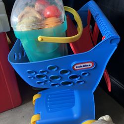 Kids Toy Grocery Basket With Bucket Of Play Food