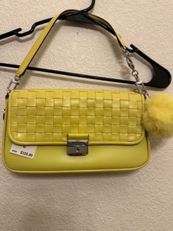 Michael Kors Bradshaw Small Woven Leather Shoulder Bag Limelight Yellow New
