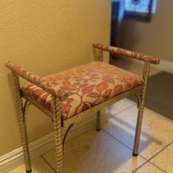 Vintage Hollywood Regency Gold Style Vanity Bench Stool Floral Print 