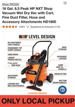 🌒 16 Gal. 6.5 Peak HP NXT Shop Vacuum Wet Dry Vac with Cart, Fine Dust Filter, Hose & Accessory Attachments HUrD1800 #3182