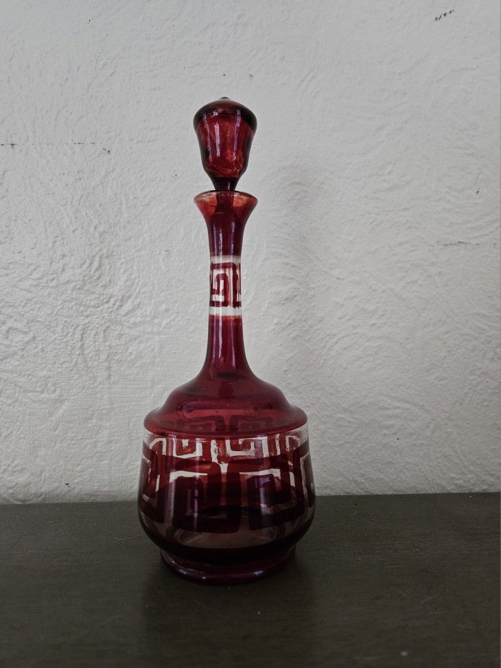 Ruby Red Glass Decanter Genie Bottle With Greek Key Design