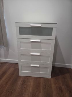 White 4-Drawer Dresser with Glass Panel