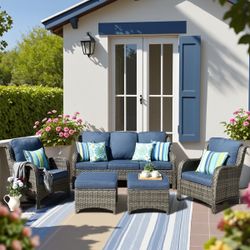 5-Piece Gray Wicker Patio Conversation Set with Navy Blue Cushions, Outdoor Sectional Sofa with Armchairs & Ottomans, Weather-Resistant Rattan Furnitu