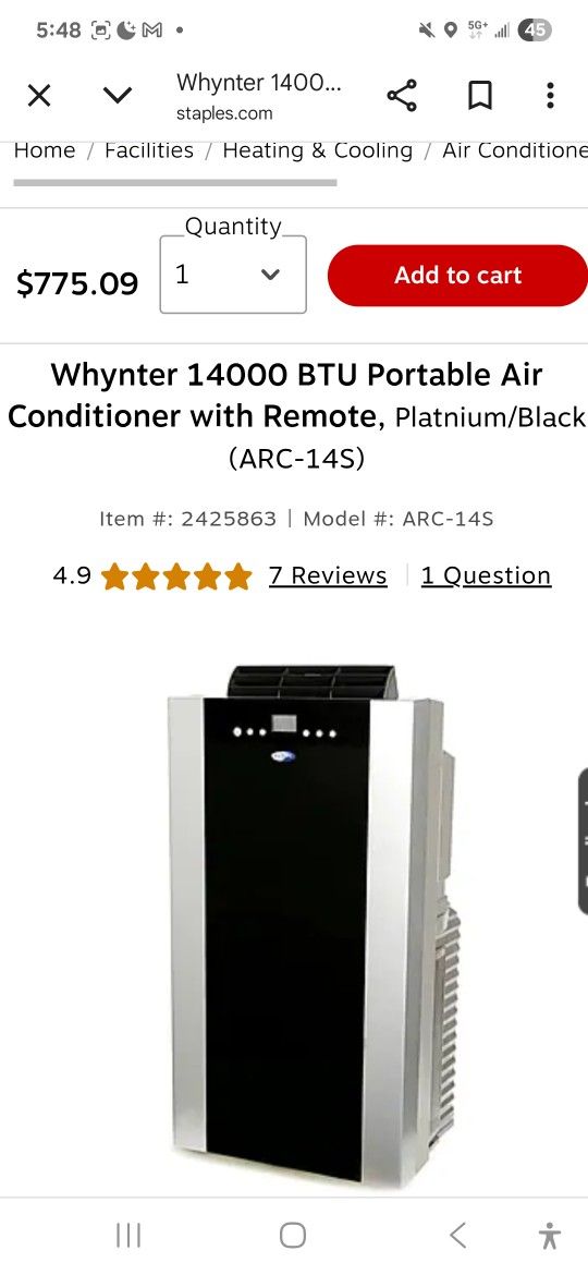 Whynter Portable Air conditioner 14,000 BTU