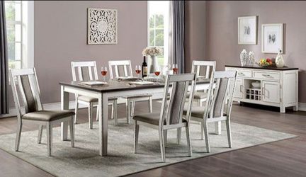 Brand New Weathered White Dark Walnut & Grey 7pc Dining Table Set