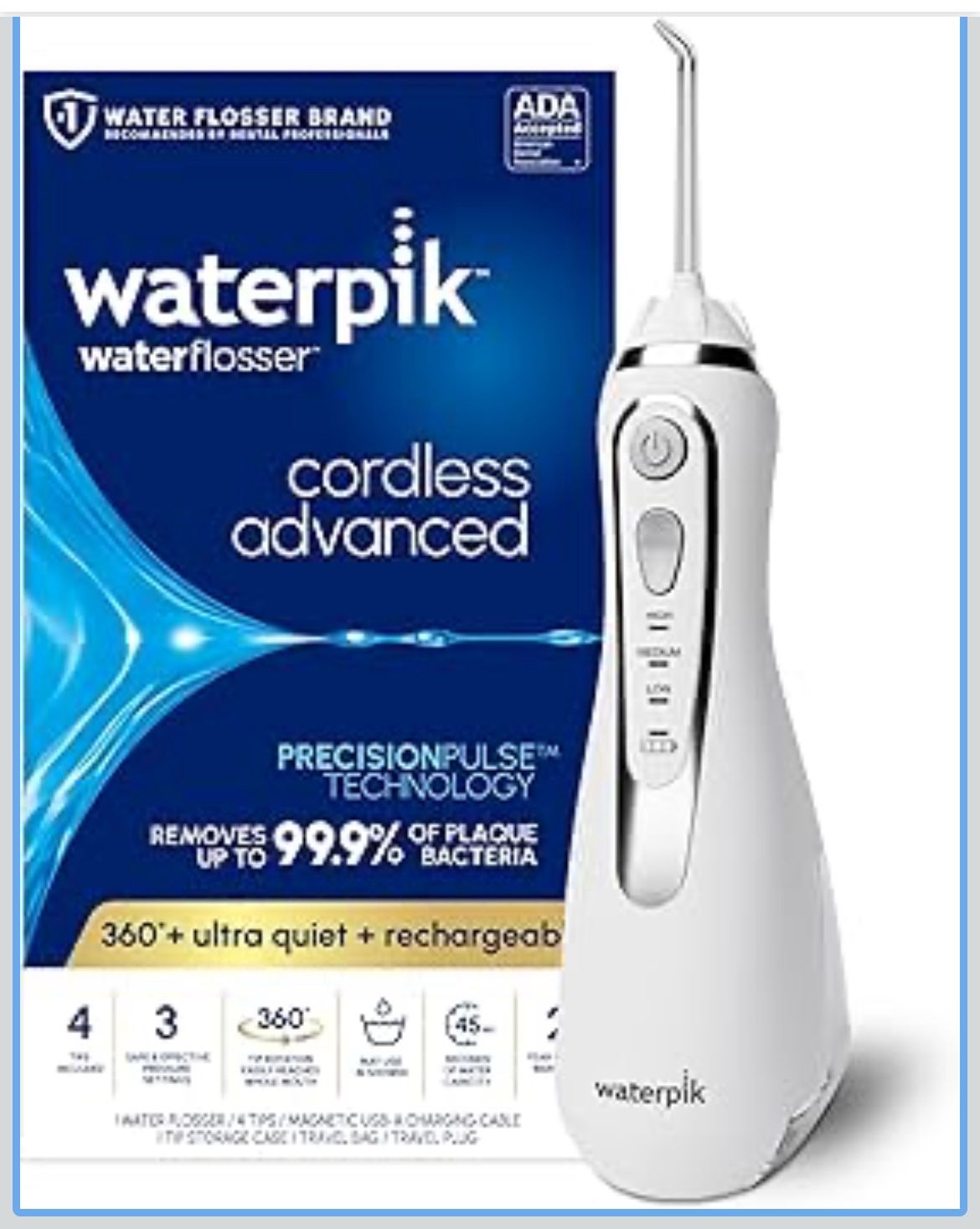 Waterpik Cordless Advanced 2.0 Water Flosser For Teeth, Gums, Braces, Dental Care With Travel Bag and 4 Tips