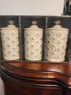 Set of 3 Ceramic Canisters with Rhinestone Detail