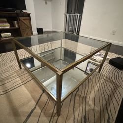 Glass Mirror Coffee Table with Gold Accent