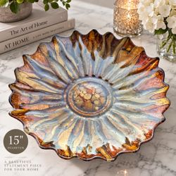 Large 15” Artisan Decorative Bowl – Amber & Gold Statement Centerpiece