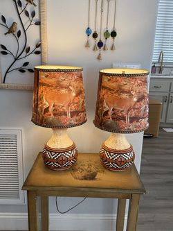 Vintage 80’s Southwestern Pottery Lamps with Rustic Deer 3-Sided Shades