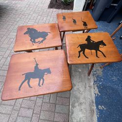 4 Wooden Laser Engraved Polo Horse TV Trays With Stand