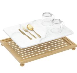 Golener Stone Drying Mat for Kitchen Counter, Dish Drying Pad with Bamboo Rack, Super Absorbent Diatomaceous Earth and Drying Rack, Multi-purpose Quic