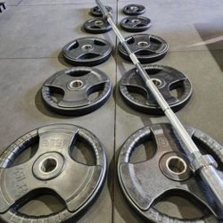 Olympic Rubber-Coated Weight Plate Set + Barbell, New in Box 