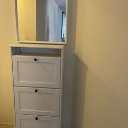 White Shoe Cabinet with Mirror – Holds Up to 15 