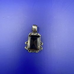 Vintage Silver Tone Large Emerald Cut Smoky Quartz Pendant Ornate