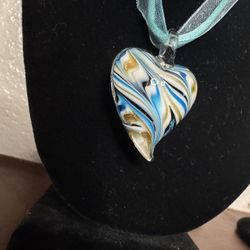 Blue Swirl Lampwork Glass Heart Pendant Necklace – Ribbon Cord – Romantic Gift