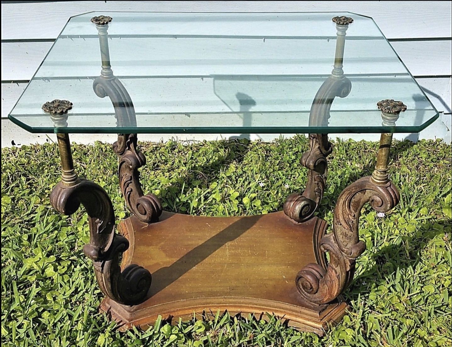 Vtg Antique Weiman Heirloom Quality Side End Table Hand Carved Wood Glass Brass