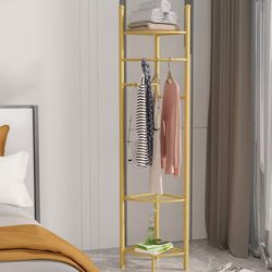 JJ-ZY1123-G1 Corner Coat Stand Rack:Gold Metal Clothes Rack with Storage Shelf Free Standing Garment Rack Hall Tree for Hanging Clothes