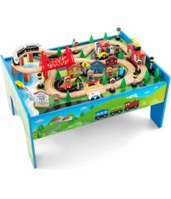 Train Table, 80 Pieces Wooden Kids Activity Toy Table Playset with Reversible Detachable Tabletop, Tracks, Train, Railway, City, Gift for Boys Girls A