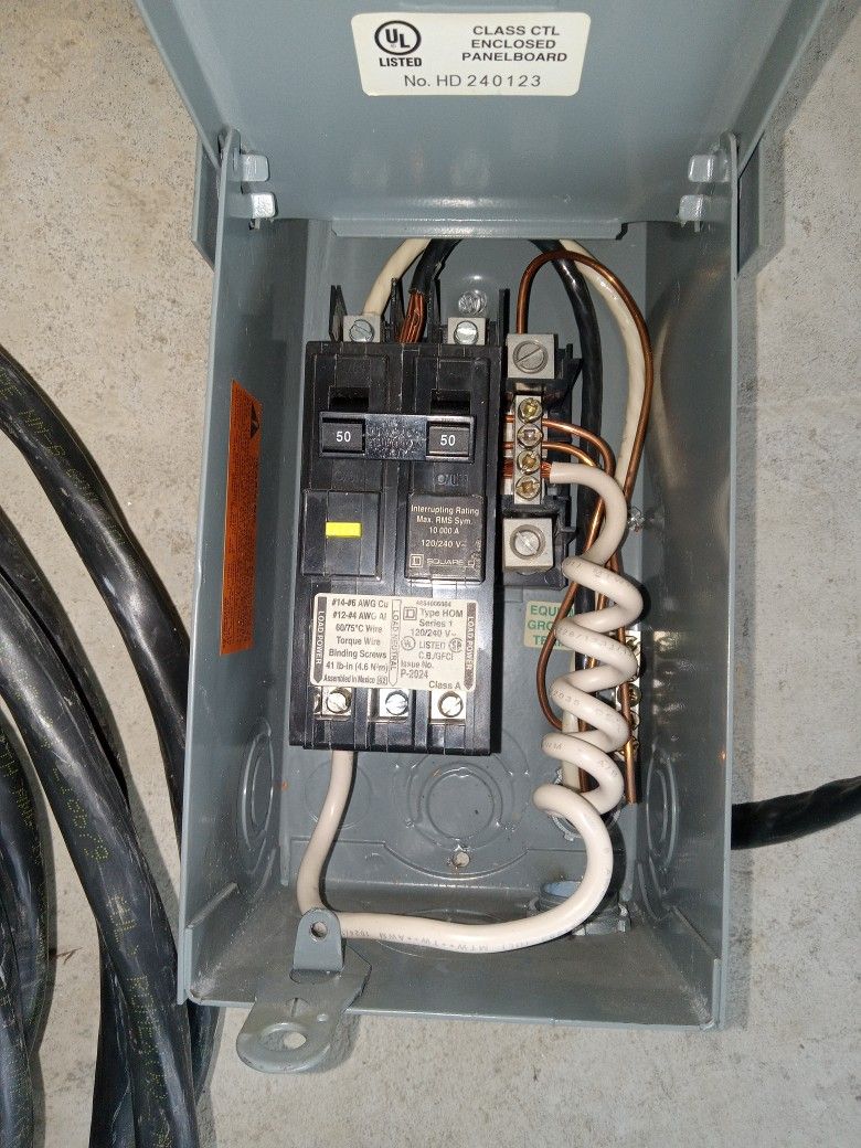 50ft #6/3 With Ground Wire, And Disconnect Box With 50 Amp Breaker.