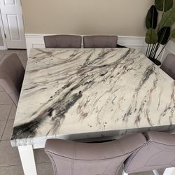 54” Square Taupe Marble Table and 6 Chairs