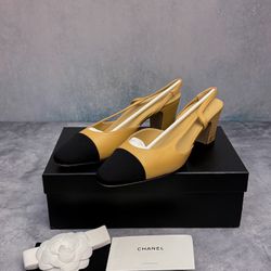 Chanel Slingbacks Goatskin Grosgrain Beige Black Pumps Heels US9/EU39