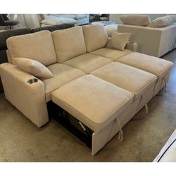 beige multi functional pullout sleeper sofa bed w/ cup holders 