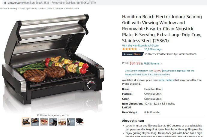 Hamilton Beach Electric Indoor Searing Grill with Viewing Window and  Removable Easy-to-Clean Nonstick Plate, 6-Serving, Extra-Large Drip Tray,  Stainless Steel (25361) 