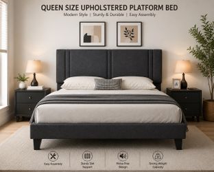 🛏️ Brand New Queen Upholstered Platform Bed – Dark Gray Linen Fabric 🛏️