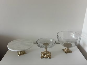 Set of 3 Matching Ornate Gold Pedestal Stands – Marble Cake Stand + 2 Textured Glass Compote Bowls