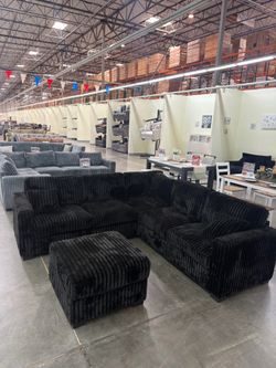 BRAND NEW THICK FLUFFY BLACK CORDUROY SECTIONAL SOFA COUCH WITH OTTOMAN