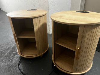 Round Wood Nightstand with Tambour Door – Set of 2