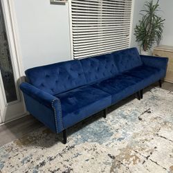 Modern Blue Velvet Tufted Sofa – 4-Seater with Nailhead Trim/ Sleeper Futon Sofa