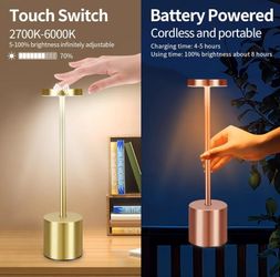 2 Pack Rechargeable Cordless Metal Table Lamps, LED Bedside Lamps with 3-Color Dimming, Portable Small Desk Lamps for Bedroom, Outdoor, Restaurant, Ba