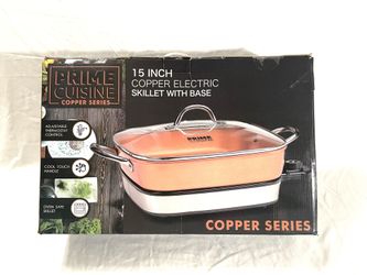 Brand new in the box 15” copper electric skillet with base. Retails for $85.