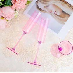 Pink Plastic Champagne Flutes - 6 Oz Clear Pink Champagne Glasses - Square Plastic Toasting Glasses for Party Birthday Anniversary Wedding