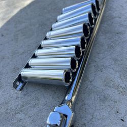 New 9pcs Metric 1/2” Deep Impact Socket Set & 24” Breaker Bar 