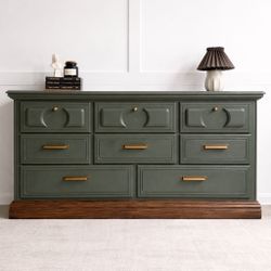 Stunning Bronze Green color dresser with new knobs and 8 drawers / credenza / tv stand / nursery